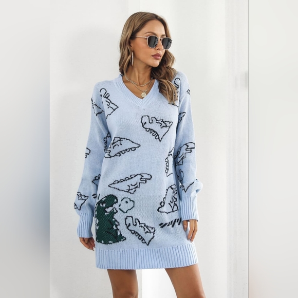 Dinosaur Knit Sweater Dress Round Neck Playful Long Sleeve Oversized Mini Blue - Picture 1 of 8